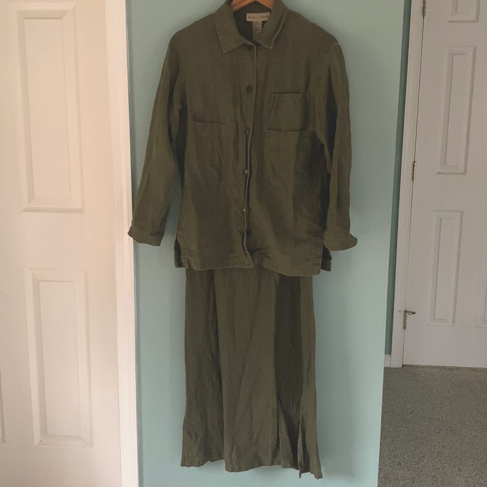 VINTAGE SWEET JESSIE 100% Linen Olive Green Maxi Dress Jacket Set Small
